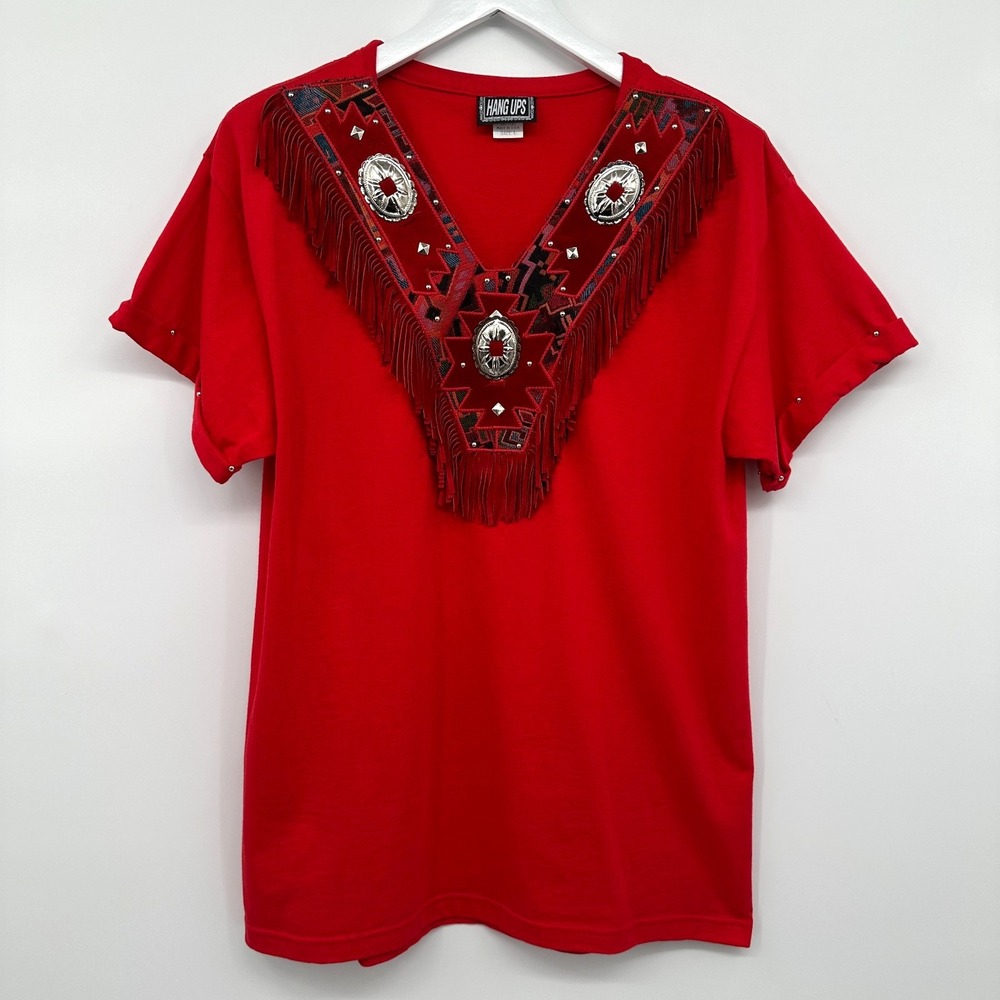Vintage Western Top Shirt Size Large Stretch‎ Embroidered Suede Fringe Conchos